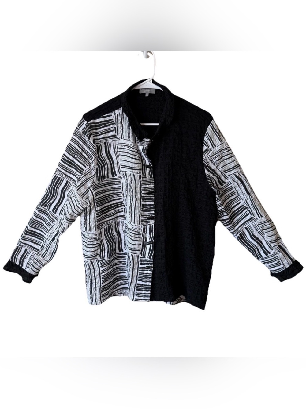 Habitat Tunic Top Black White Lagenlook Coastal Artsy Blouse Wire Collar XL - Picture 9 of 9